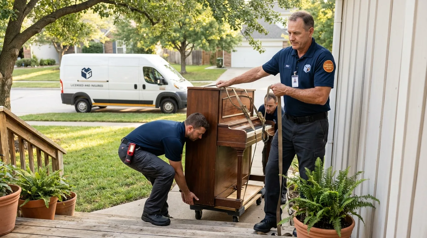 Licensed piano movers securing grand piano in Clayton, NY