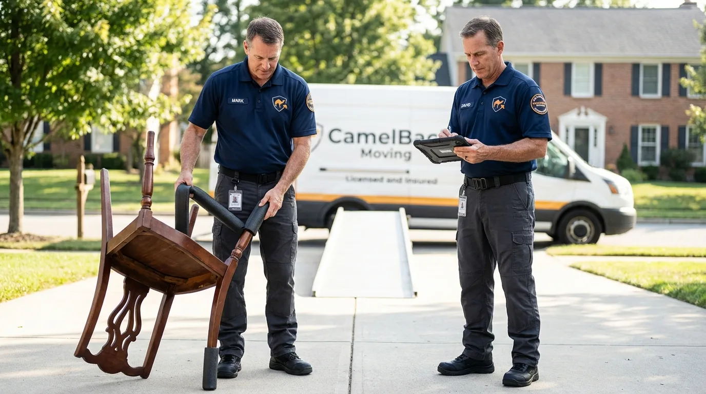 Movers inspecting furniture for damage prevention before loading in Clayton, NY