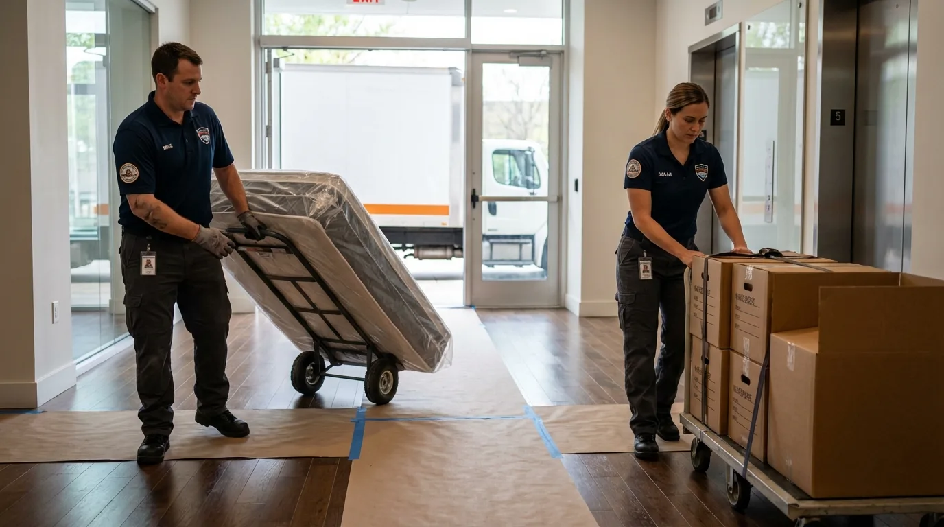 Professional apartment movers loading elevator in Clayton, NY