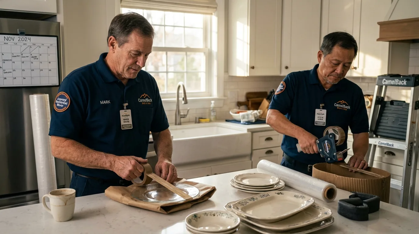 Professional crew packing kitchen dishware in Clayton, NY